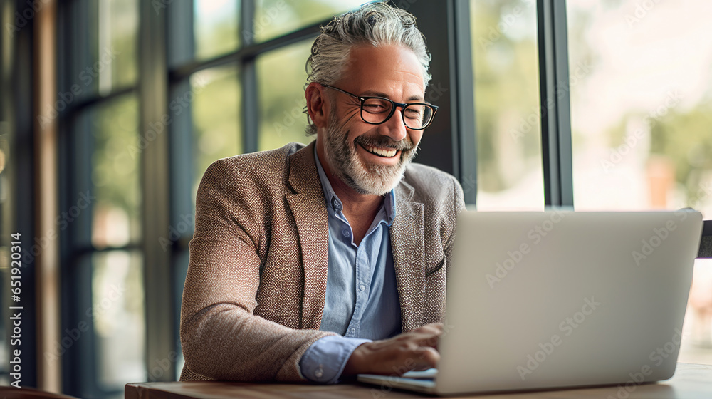 Happy mature businessman executive manager looking at laptop computer having remote virtual meeting. Generative Ai - obrazy, fototapety, plakaty 