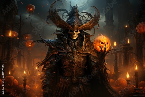 Digital Illustration of a regal pumpkin king with a crown and a glowing scepter, overseeing his pumpkin subjects in an otherworldly realm. Generative Ai
