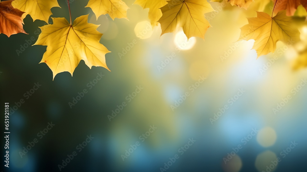 Autumn natural background, design, banner or template. Yellow and red maple leaves are flying and falling down. Autumnal landscape. - obrazy, fototapety, plakaty 