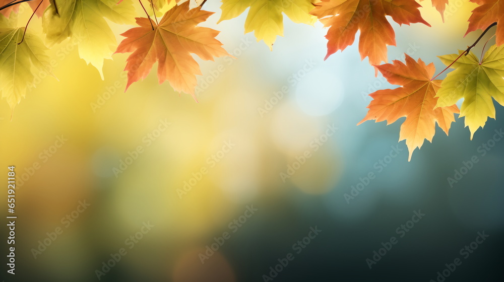 Autumn natural background, design, banner or template. Yellow and red maple leaves are flying and falling down. Autumnal landscape.