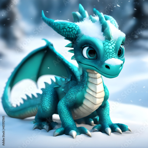 Image of a cute dragon on a snowy background