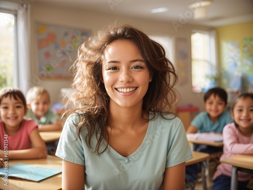 Teacher with Group of Preschool Children in Classroom, Preschool Education Teacher and Young Students, Early Childhood Learning Teacher with Preschool Class