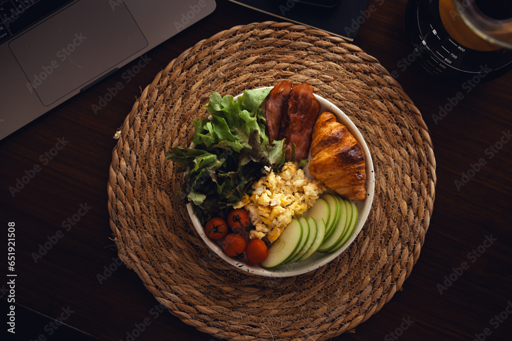 Scrambled Egg Croissant Bacon with Avocado and Tomato Salad