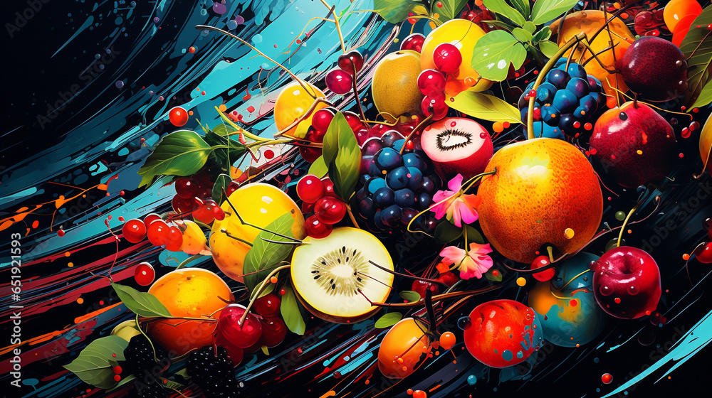 closeup of abstract painting filled with colorful fruit on a plate