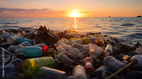 Environmental catastrophe Plastic pollution in the ocean, comprising plastic bottles and debris photo