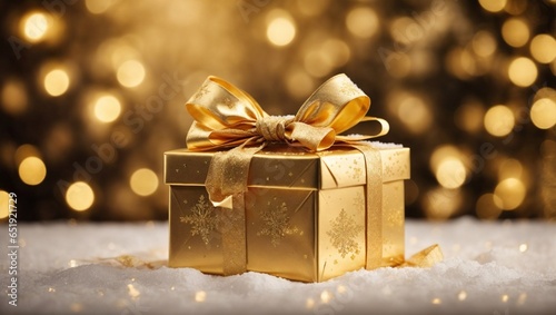 christmas gift box, golden gift box with ribbon