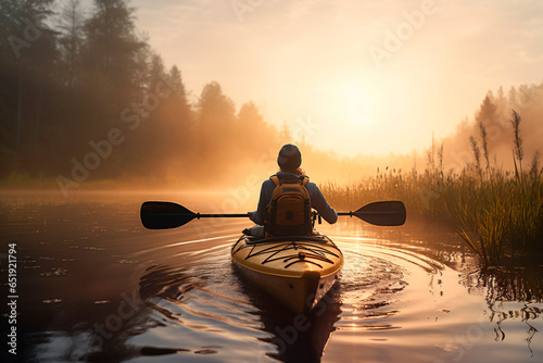 One adventurer enjoying an kayak excursion. Preserving natural habitats. Eco-friendly experience. Generative AI.