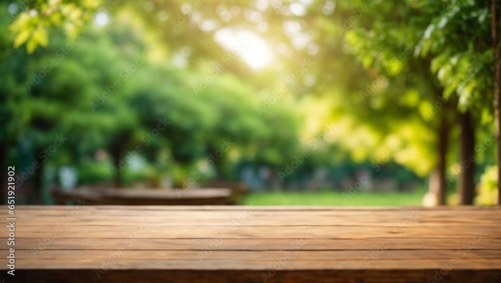 The empty wooden table top with blur background of forest. Exuberant image. The empty wooden table top with blur background of forest. Exuberant image.