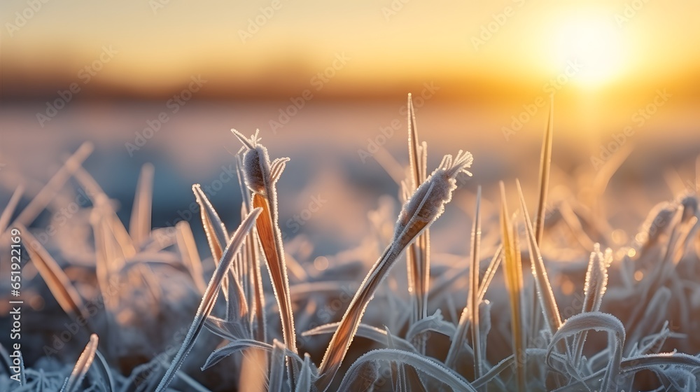 Field with winter wheat crops, leaves of germinating grain covered with morning frost. Sunrise early in the morning on the farm field. - obrazy, fototapety, plakaty 