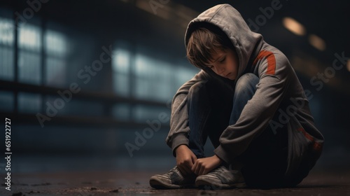 Poor sad and depressed vulnerable young boy hiding in a dark place being a victim of school bullying.