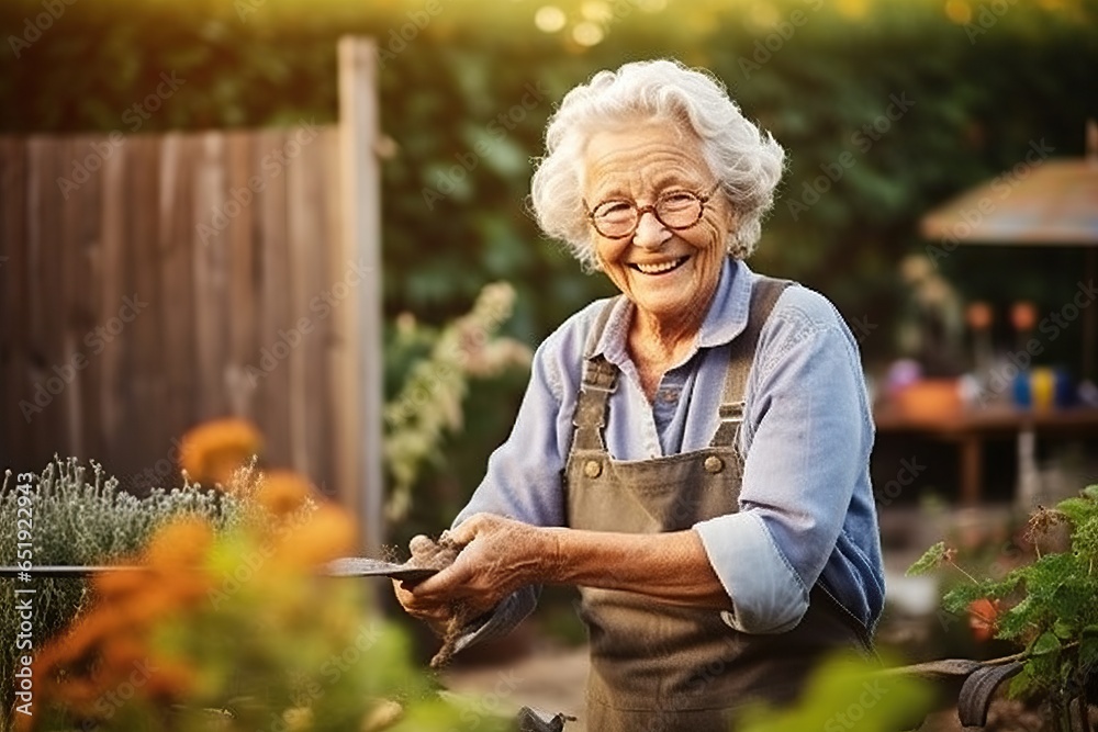 Elderly Woman Gardening, senior woman tending to her garden, gardening as a hobby, active senior in the garden, gardening therapy - obrazy, fototapety, plakaty 