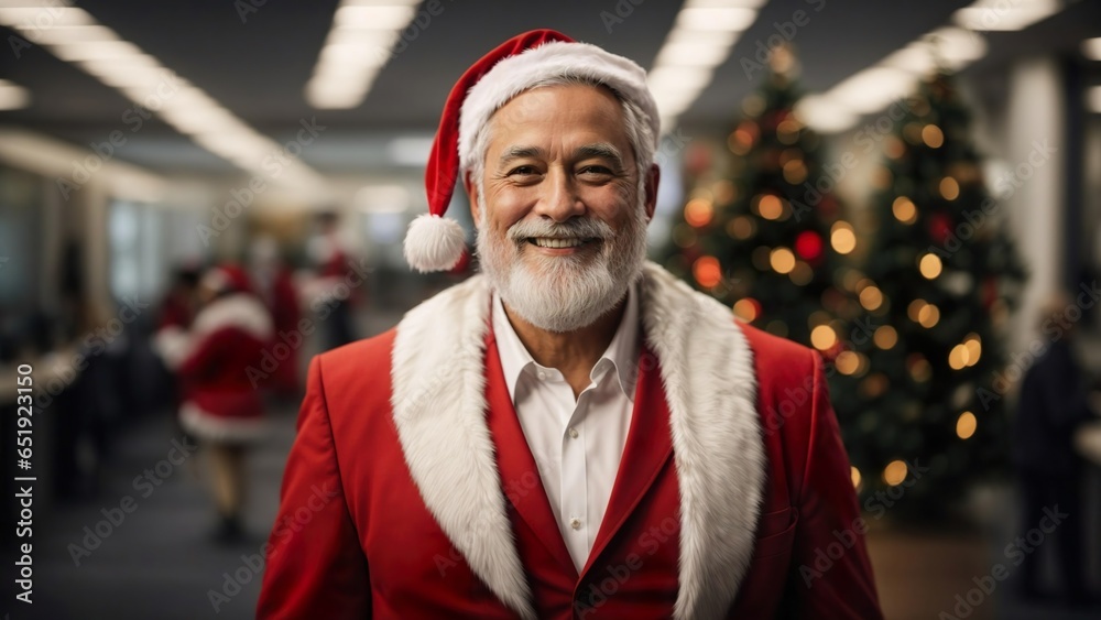 Santa Claus wearing a business suit in an office room with christmas tree. Generative AI. Santa Claus wearing a business suit in an office room with christmas tree. Generative AI.