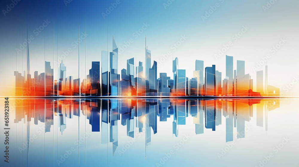 City Skyline - presentation background, wallpaper, art, hotel, lobby, print. blue, orange, bright tones.