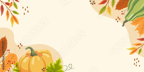 Autumn horizontal banner for a good harvest with ripe green and orange pumpkins and leaves with berries. Design for invitations and cards. Vector illustration.