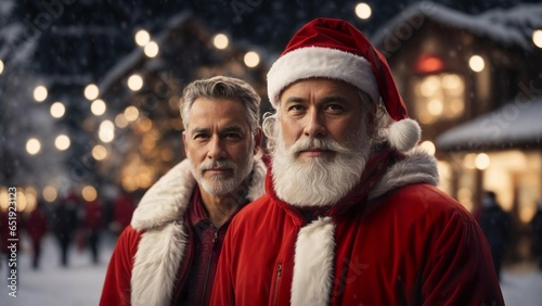 Santa claus and a man with beard in modern red winter jackets in front of a city or village with christmas decoration. Generative AI.  © 3DStock