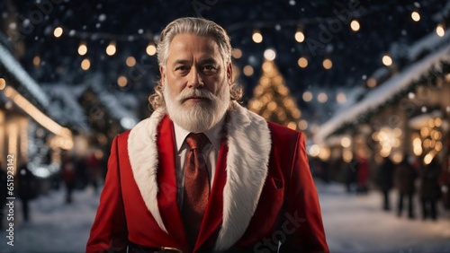 Christmas Commercial Concept. Santa Claus wearing a red business suit in a christmas decorated street filled with people at christmas evening. Generative AI.