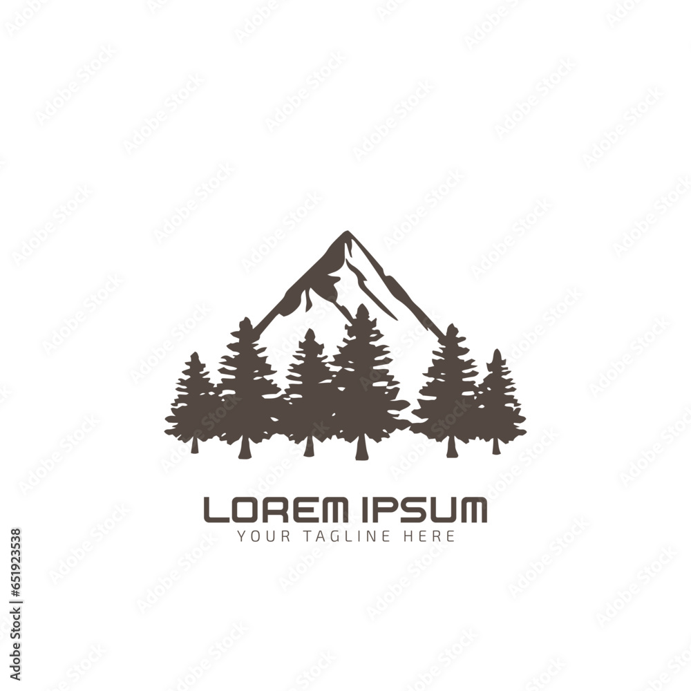 Mountain logo design template with pine tree silhouette vector icon