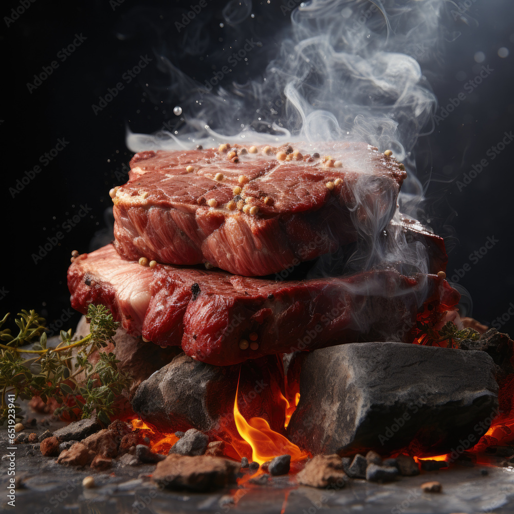 Grilled medium marble beef steak meal with rosemary on background Grilled medium marble beef steak meal with rosemary on background