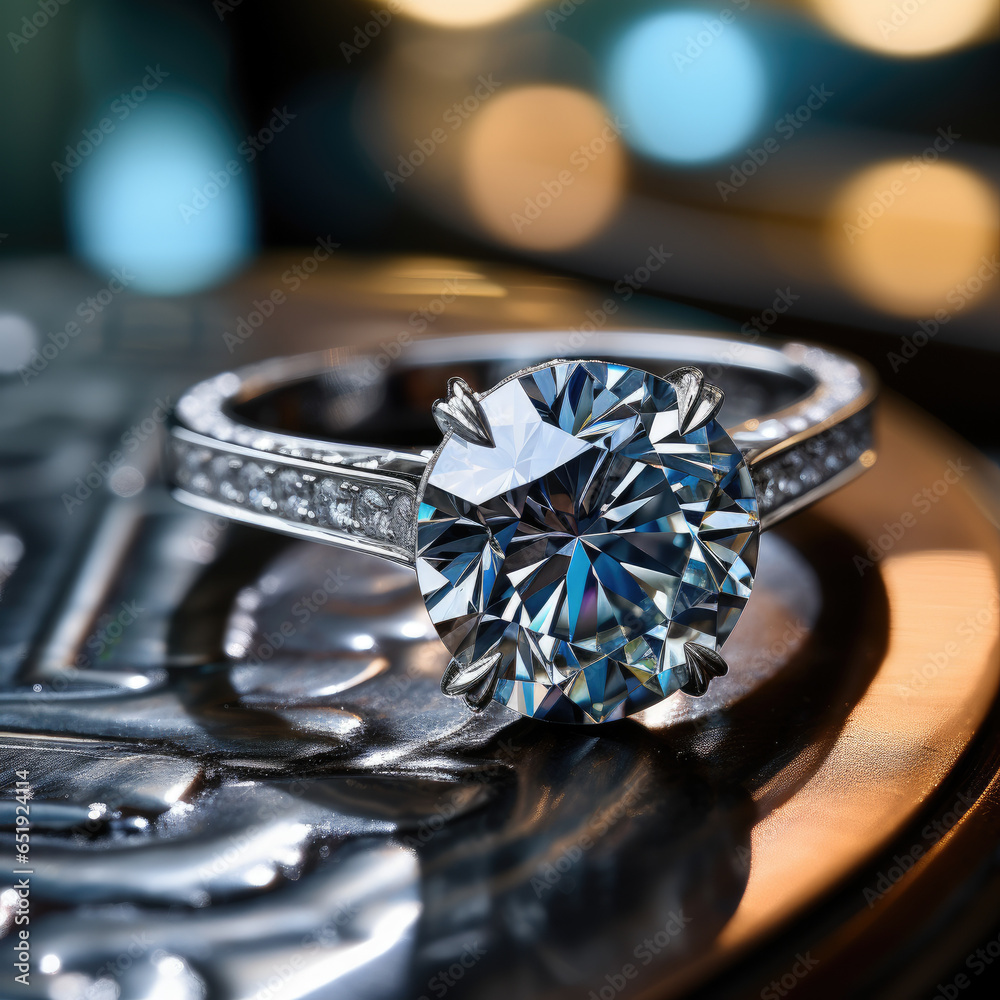 White gold ring with blue sapphire or diamond gem on grey background. Ai generative White gold ring with blue sapphire or diamond gem on grey background. Ai generative