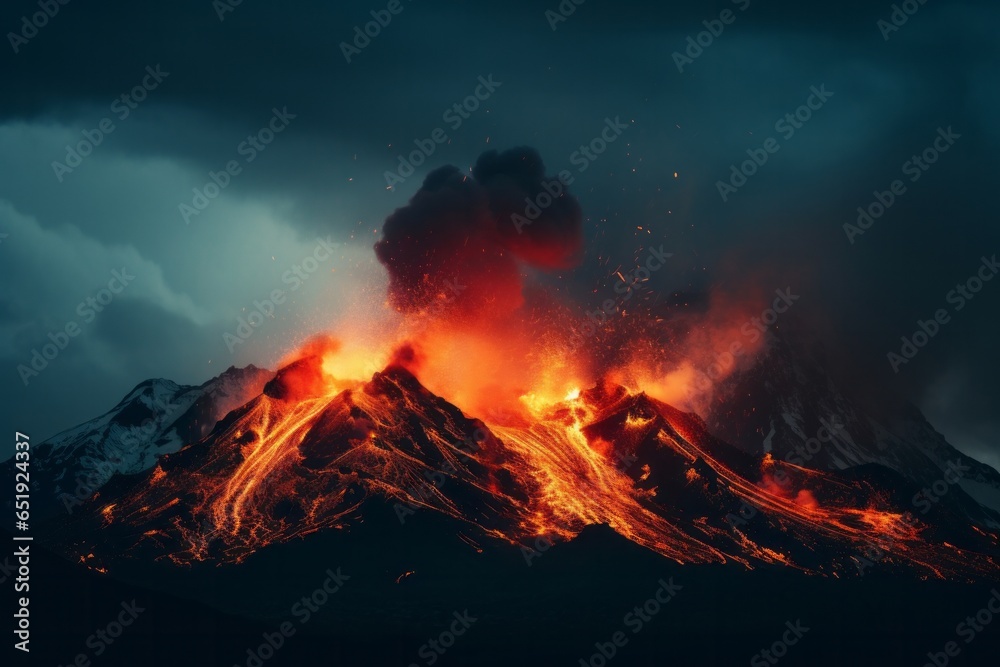 an inmense volcanic explosion throwing fire and smoke