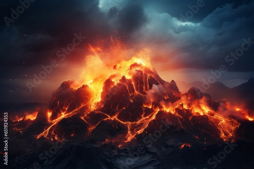 an inmense volcanic explosion throwing fire and smoke