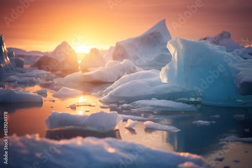 icebergs floating on the water in the anctartic sea in Anctartica at sunset photo
