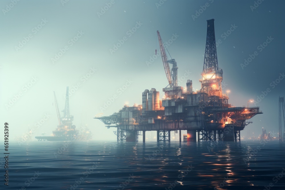 oil platform in the northern sea at sunset - obrazy, fototapety, plakaty 