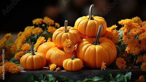Halloween pumpkins with flowers  Festive autumn decor with sunflower leaves on a wooden table for Halloween Holiday or Thanksgiving Day.