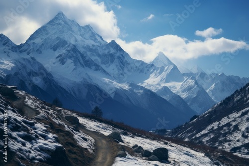 amazing mountain landscape of the high peaks of the himalayas covered in snow