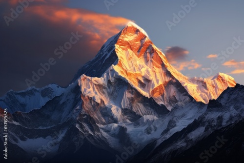 amazing mountain landscape of the high peaks of the himalayas covered in snow at sunset