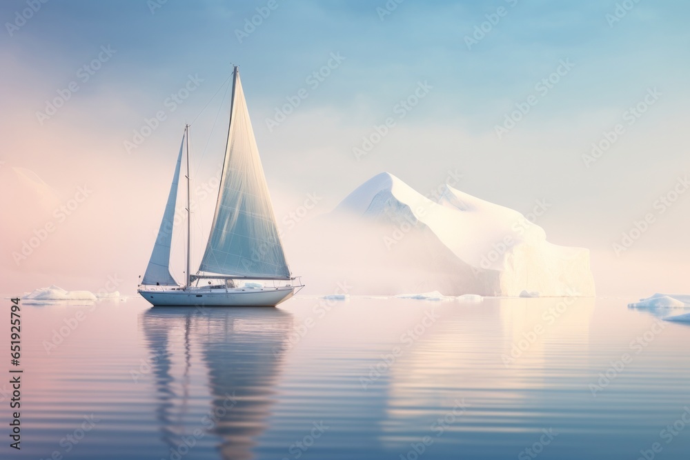 sailboat sailing in the arctic sea between icebergs in Antarctica