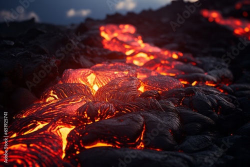 close up shot of a river of lava flowing in the ground