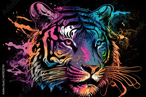 psychedelic graffiti icon design of majestic tiger trippy doodles blacklight glow colorful 