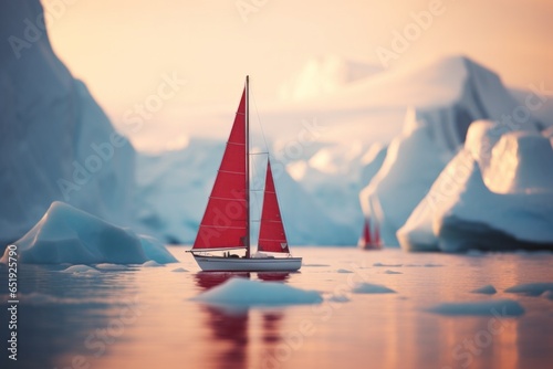 sailboat with red sails  sailing in the arctic sea between icebergs in Antarctica