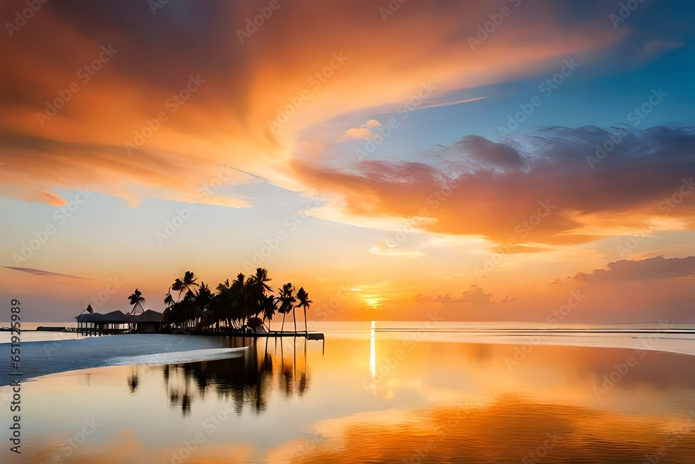 beach with shinning water and coconut trees at the bank of river with sunset,sunrise 