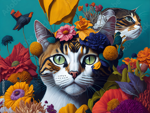 Cat in Beautiful Flowers AI generated photo