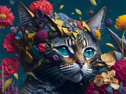 Cat in Beautiful Flowers AI generated photo