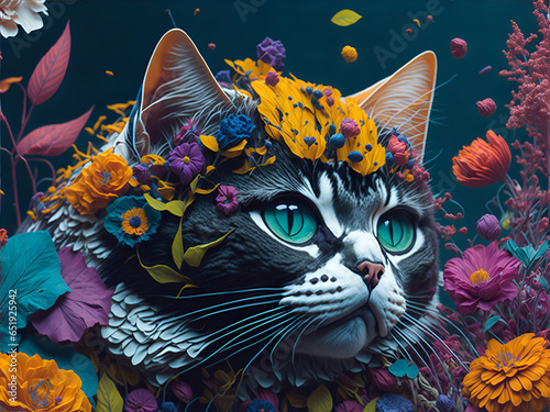 Cat in Beautiful Flowers AI generated photo