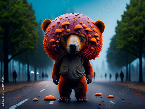 Illustration of a Bear with Mushrooms AI generated photo