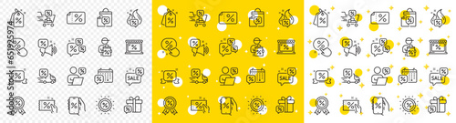 Sale Coupon, phone with percent sign, Discount price tag. Discounts line icons. Wholesale store market, calendar, hot deal line icons. Coupon ticket, megaphone offer, delivery discount. Vector