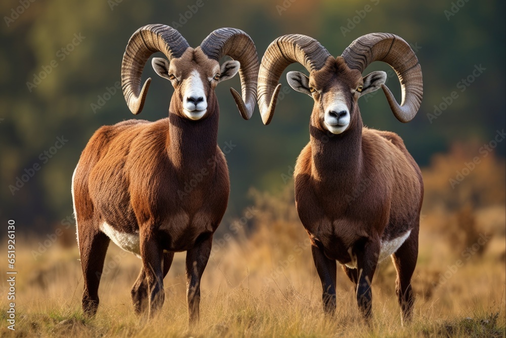 Majestic Mouflon Rams in Autumn Meadow - Watchful, Alert and Impressive Wild Animals in Sunny Clearing Majestic Mouflon Rams in Autumn Meadow - Watchful, Alert and Impressive Wild Animals in Sunny Clearing