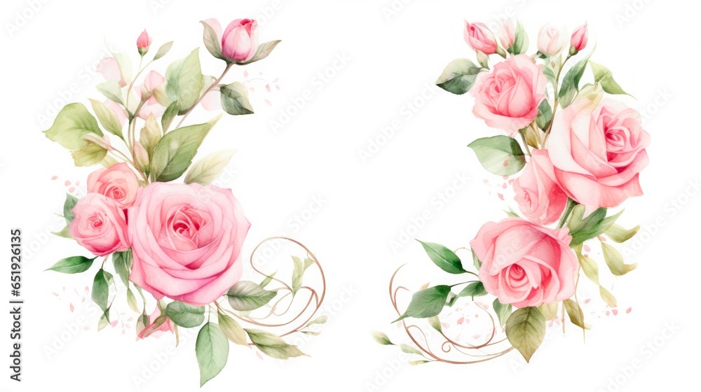 Monogram Initials Watercolor Floral Alphabet Letters Set with Pink Roses and Leaf. Perfect for Wedding Invitations, Greeting Cards, Logos, Posters and Holiday Designs. Hand-Painted
