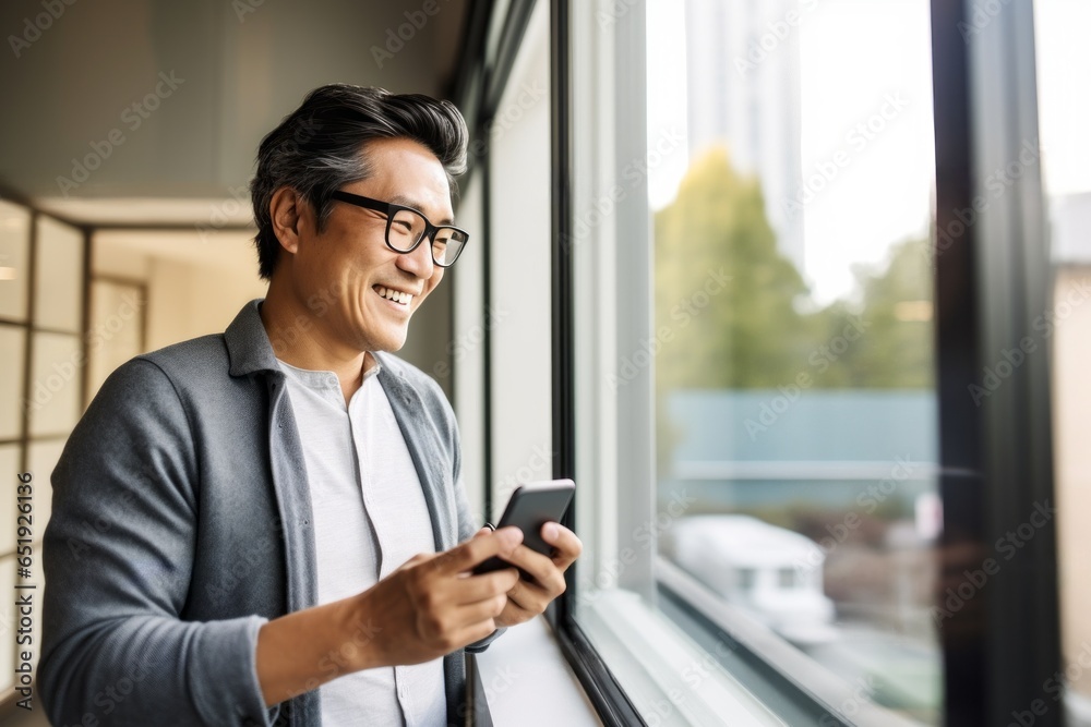 mature business man standing by the window with a cell phone in his hand. Concept of communication in business mature business man standing by the window with a cell phone in his hand. Concept of communication in business
