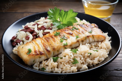 Healthy Grilled Cod Fish with Rice and Mixed Beans. Closeup of Corded Fish on Plate for Diet Dinner. Focus on Delicious Food, Background Blurred