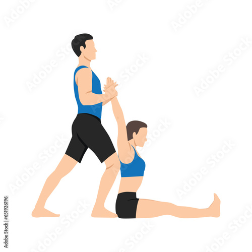 Young man assisting girl doing seated forward bend pose, paschimottanasana. Flat vector illustration isolated on white background