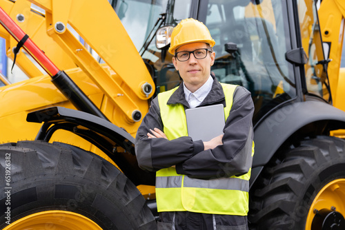 Worker in a helmet with a digital tablet on the background of construction machine