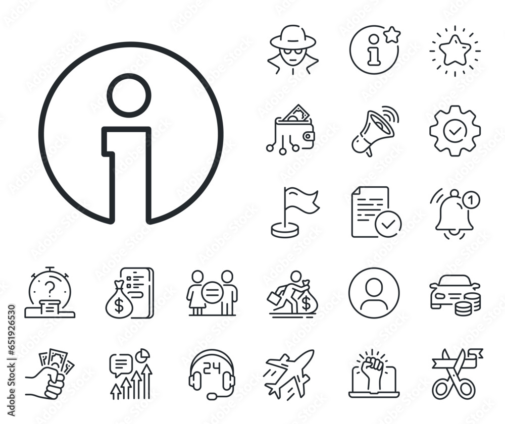Information center sign. Salaryman, gender equality and alert bell outline icons. Info line icon. Support speech bubble symbol. Info line sign. Spy or profile placeholder icon. Vector Information center sign. Salaryman, gender equality and alert bell outline icons. Info line icon. Support speech bubble symbol. Info line sign. Spy or profile placeholder icon. Vector