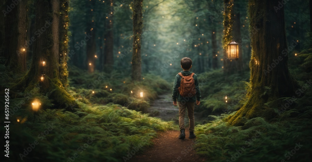 Pixel art depiction of a boy exploring a magical forest
