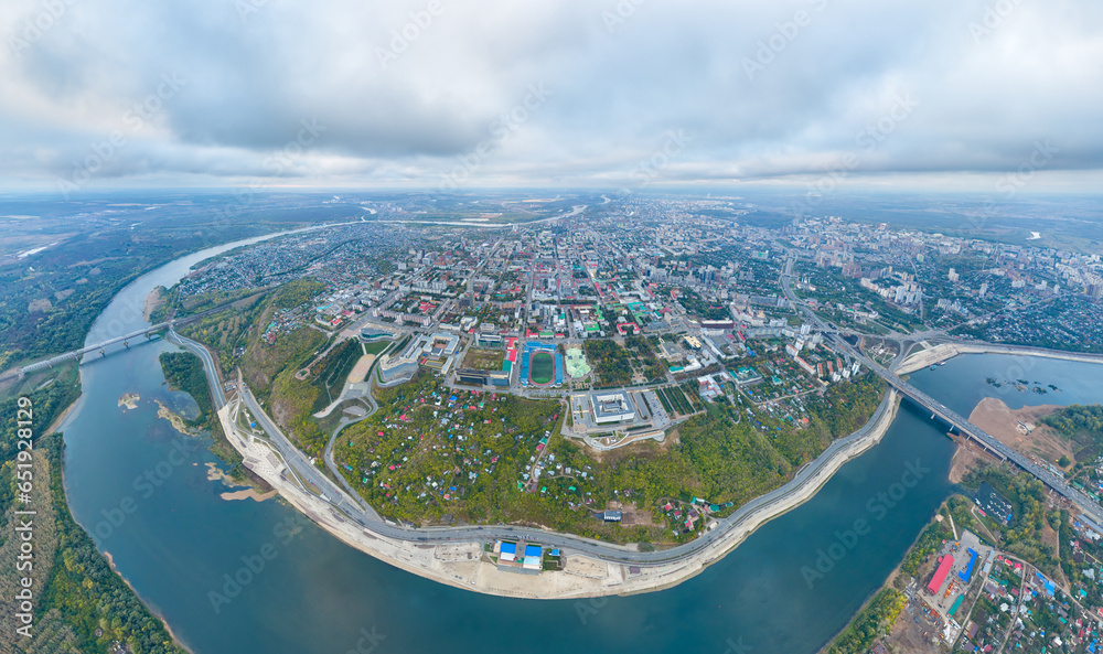 Ufa, Russia. Panorama of the city from the air during sunset. Cloudy weather. Aerial view