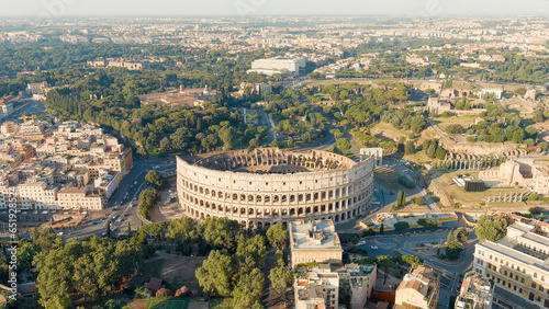 Rome, Italy. Roman Coliseum. Flight over the city. Panorama of the city in the morning. Summer, Aerial View